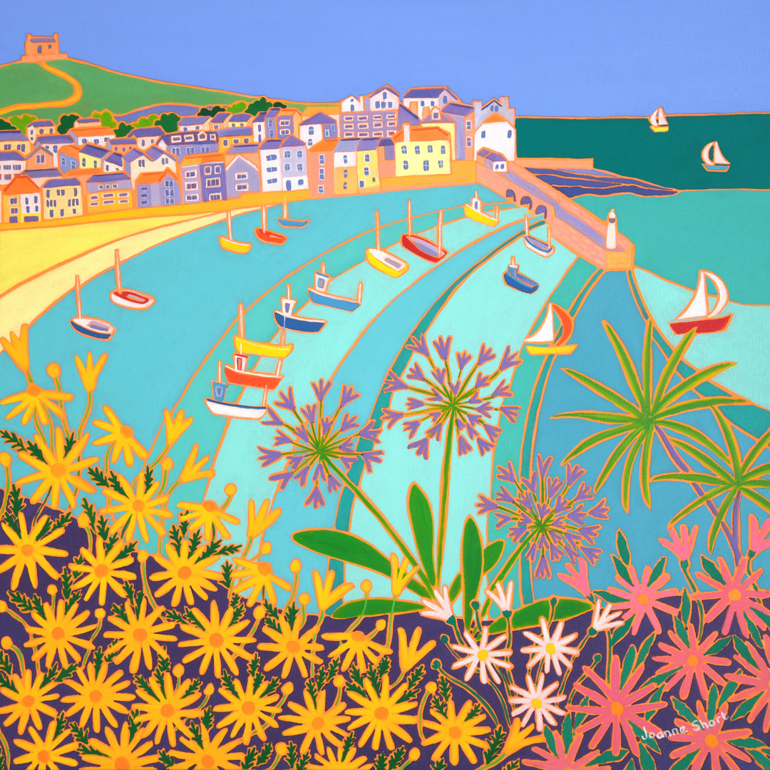 Illustration of a sunny seaside town with boats and flowers in the foreground.