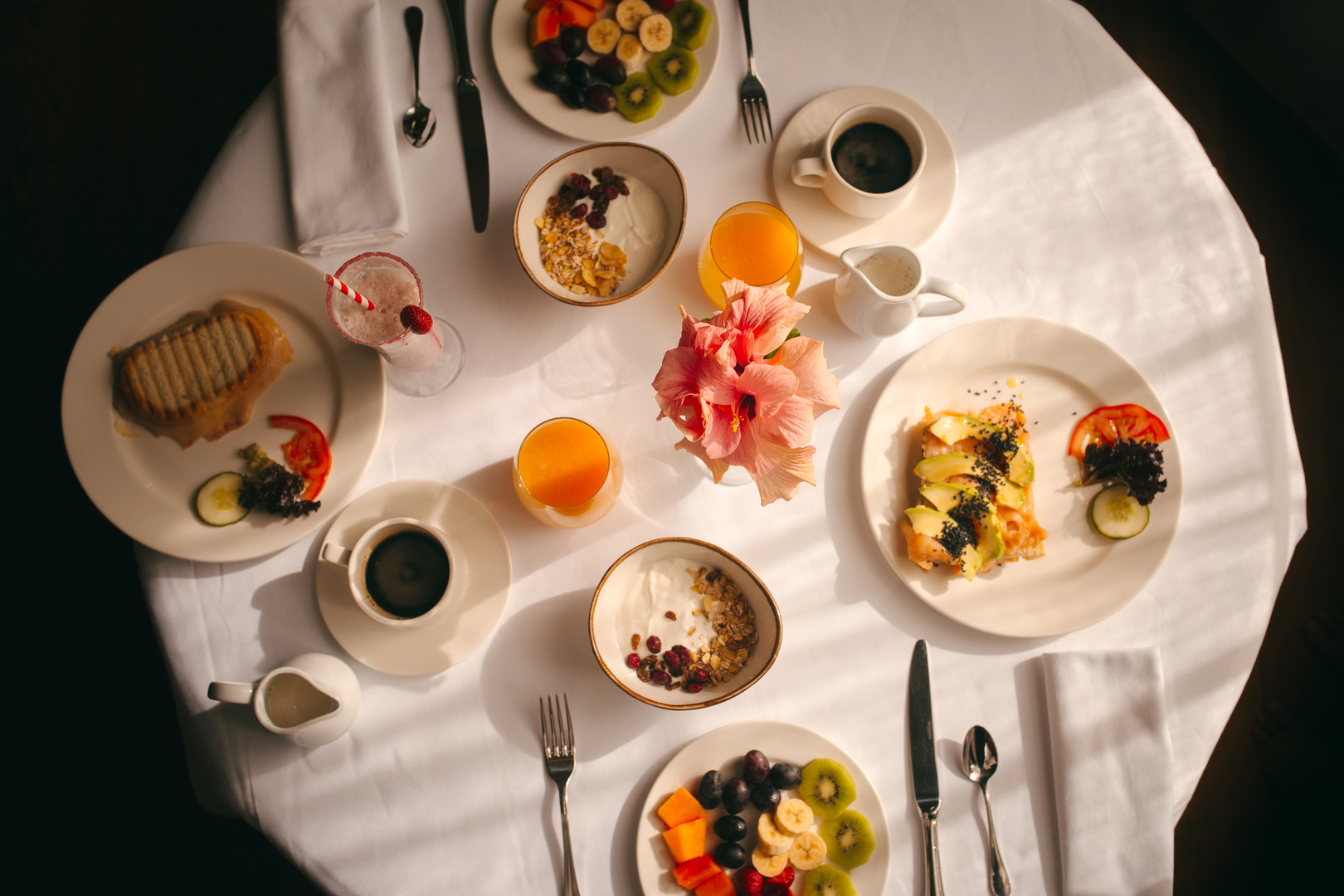 An overhead view of a table set for breakfast at La Casa de los Naranjos hotel, Lanzarote