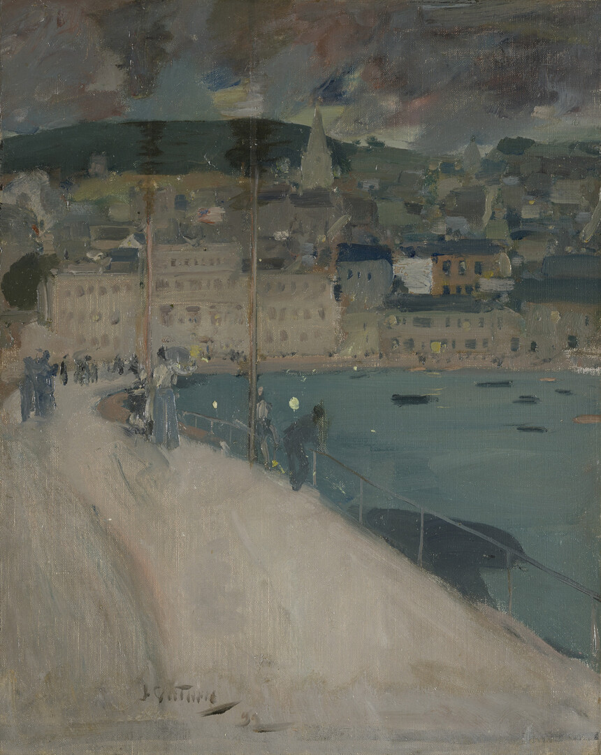 Painting of Oban, Scotland at dusk.