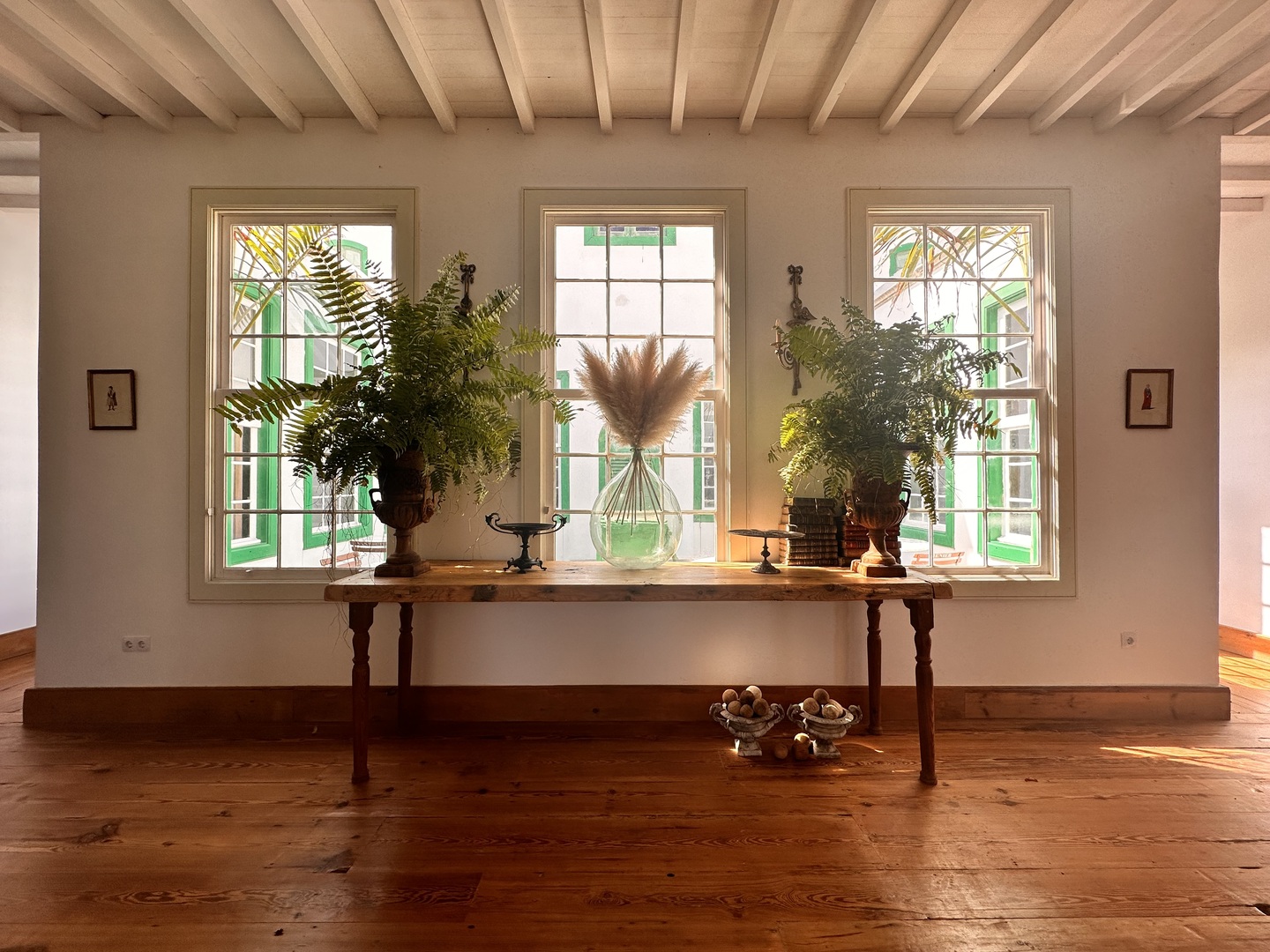 A hallway table festooned with plants at La Casa de los Naranjos hotel, Lanzarote