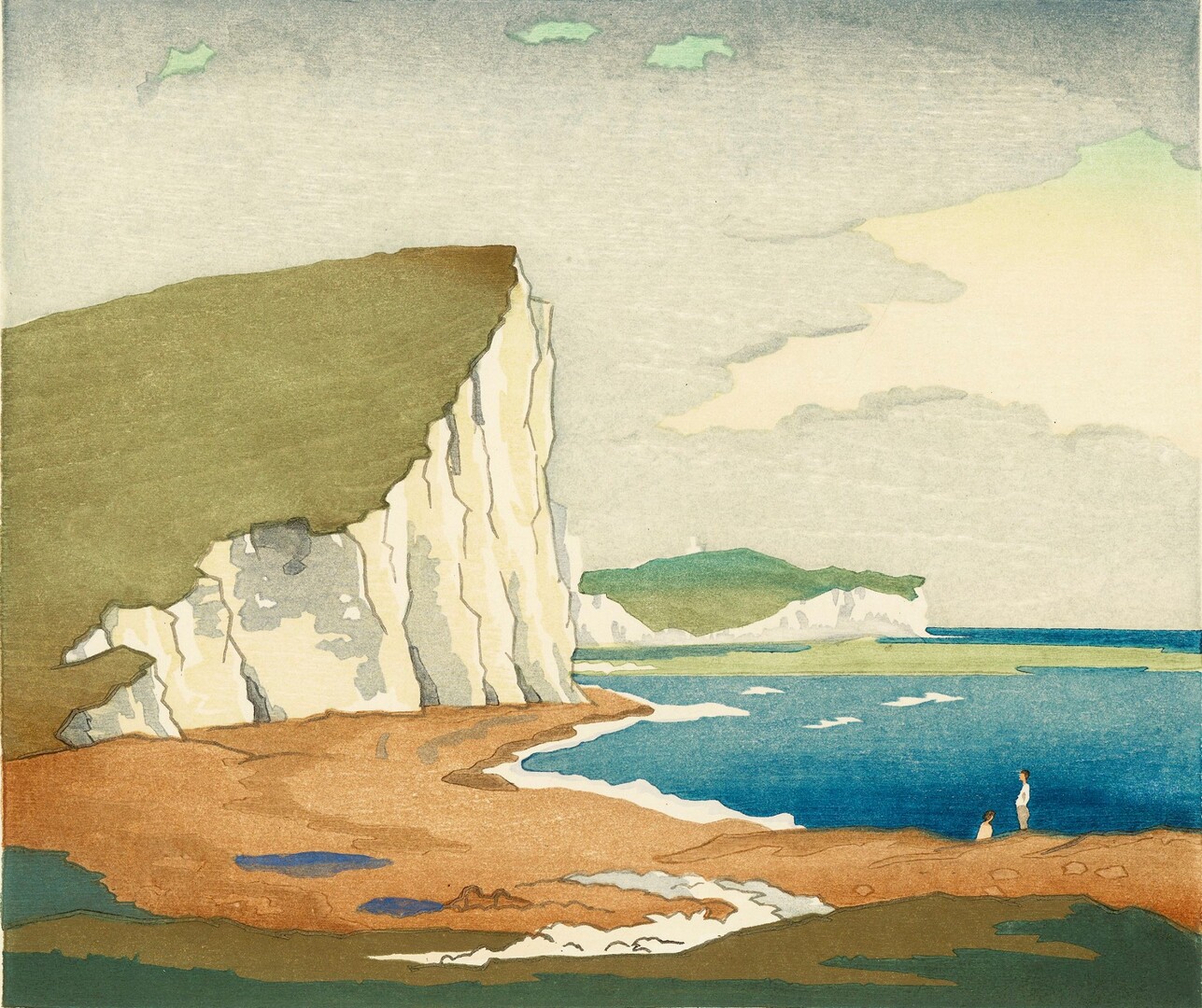 Illustration of white cliffs beside a body of water, with two figures standing on the shore.