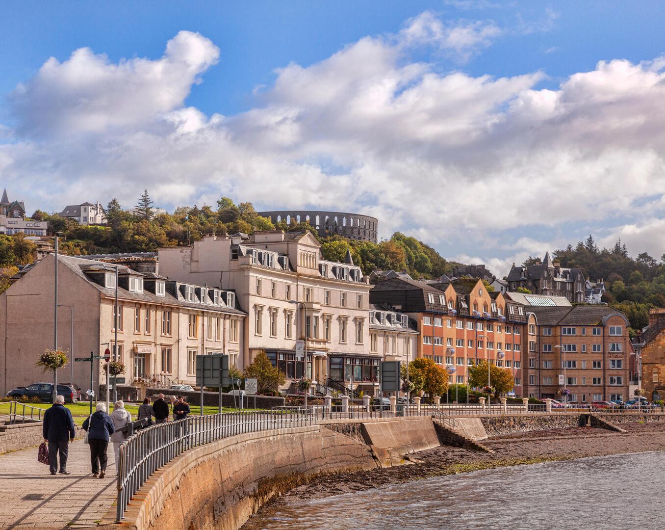Oban promenade with McCaigs Tower in the background.